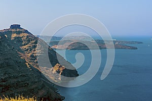 A view from the Caldera rim in Santorini towards the Neo Kameni island