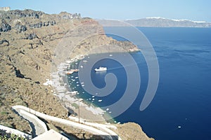 View of the caldera of Santorini, Greece, from the nearby island of Thirasia.