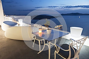 View of the Caldera from the terrace cafe, Fira, Santorini,