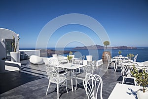 View of the Caldera from the terrace cafe, Fira, Santorini