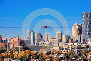 View of the Calgary city skyline from Edowrthy Park in Alberta, Canada