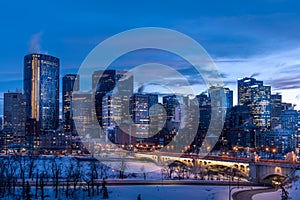 View of Calgary`s skyline at night