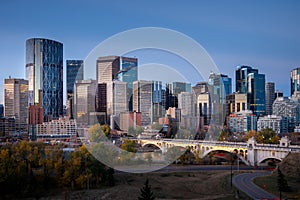 View of Calgarys beautiful skyline along the Bow River at sunrise