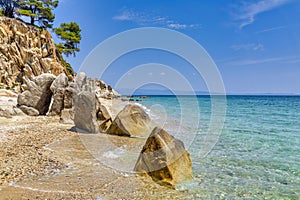 View on calm Fava sand beach near Vourvourou, Greek peninsula Sithonia, Chalkidiki