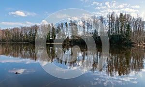 The view of the calm lake, the blue sky