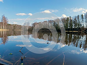 The view of the calm lake, the blue sky