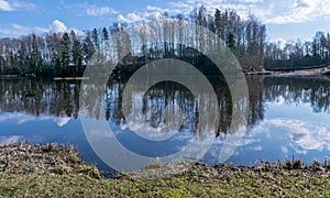 The view of the calm lake, the blue sky