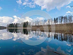 The view of the calm lake, the blue sky