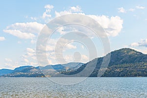 View of calm lake, forested mountains, and blue sky with clouds