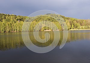 View on calm water of forest lake, fish pond Kunraticky rybnik with birch and spruce trees growing along the shore and