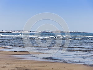 View from Cambois beach to Newbiggin by the Sea, Northumberland, UK