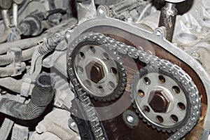 View of the camshaft gears of the timing chain drive of an automobile engine with the front cover removed