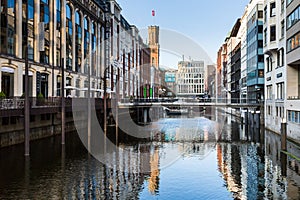 View of the canal Bleichenfleet and buildings along in Hamburg