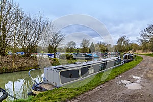 A view of canal boats moored at Welford Marina, UK