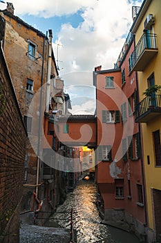 View on the canal on Via Piella, in Bologna, Italy. The old city`s canal which still runs under the town. Travel and tourism plac photo