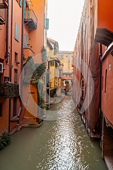View on the canal on Via Piella, in Bologna, Italy. The old city`s canal which still runs under the town. Travel and tourism plac photo
