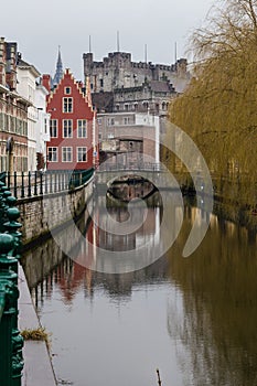 View of canals and streets of Gent town, Belgium in rainy day