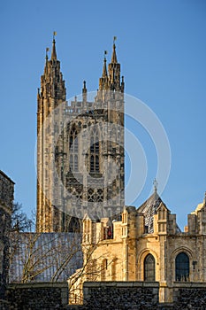 View of Canterbury cathedral with copy space in clear sky