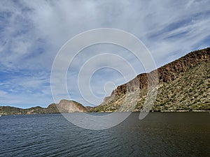 View of Canyon Lake and Rock Formations from a Steamboat in Arizona