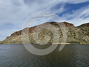 View of Canyon Lake and Rock Formations from a Steamboat in Arizona