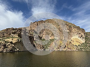 View of Canyon Lake and Rock Formations from a Steamboat in Arizona