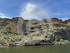 View of Canyon Lake and Rock Formations from a Steamboat in Arizona