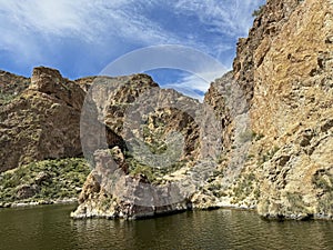 View of Canyon Lake and Rock Formations from a Steamboat in Arizona