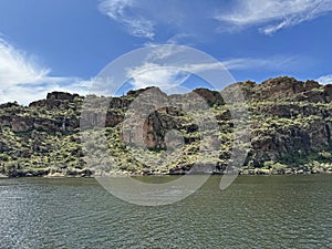 View of Canyon Lake and Rock Formations from a Steamboat in Arizona