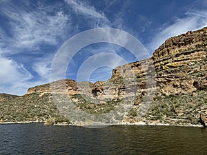 View of Canyon Lake and Rock Formations from a Steamboat in Arizona