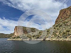 View of Canyon Lake and Rock Formations from a Steamboat in Arizona