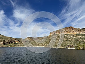 View of Canyon Lake and Rock Formations from a Steamboat in Arizona photo