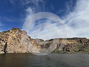 View of Canyon Lake and Rock Formations from a Steamboat in Arizona photo