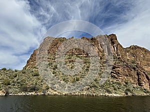 View of Canyon Lake and Rock Formations from a Steamboat in Arizona photo