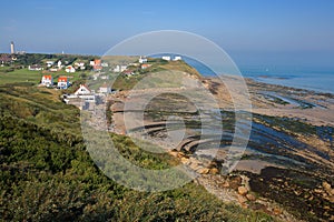 View of the Cap Gris Nez from a coastal path with the beach at low tide, Cote d`Opale, Pas de Calais, Hauts de France, France