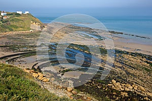 View of the Cap Gris Nez from a coastal path with the beach at low tide, Cote d`Opale, Pas de Calais, Hauts de France, France