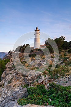 view of the Cap Gros Lighthouse in northern Mallorca at sunset