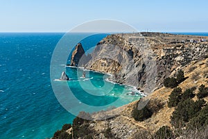 View of Cape Fiolent from the top of the cliff in spring. Sevastopol, Crimea