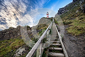 View on Cape Palliser red and white striped lighthouse with steep wooden stairs leading to it