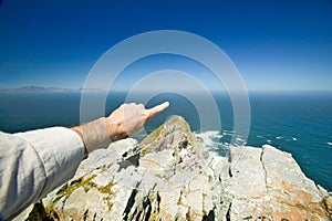 View of Cape Point, Cape of Good Hope, outside Cape Town, South Africa at the confluence of Indian Ocean on right and Atlantic