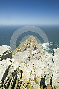 View of Cape Point, Cape of Good Hope, outside Cape Town, South Africa at the confluence of Indian Ocean on right and Atlantic