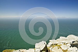 View of Cape Point, Cape of Good Hope, outside Cape Town, South Africa at the confluence of Indian Ocean on right and Atlantic