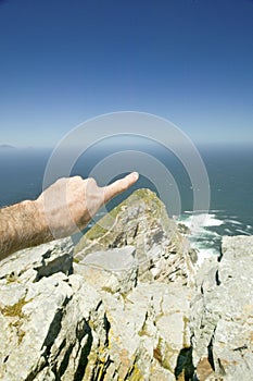 View of Cape Point, Cape of Good Hope, outside Cape Town, South Africa at the confluence of Indian Ocean on right and Atlantic