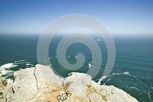 View of Cape Point, Cape of Good Hope, outside Cape Town, South Africa at the confluence of Indian Ocean on right and Atlantic