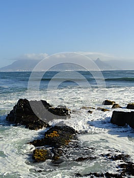 View of Cape Town with the table cloth on Table Mountain from Robben Island