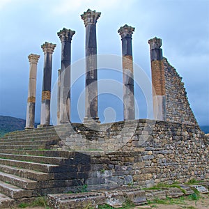 View of capitoline temple of Volubilis Ruins in Meknes, Morocco