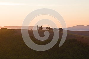 View of the Cappella della Madonna di Vitaleta in the early September morning. Tuscany, Italy