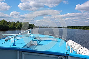 View from the captains place on the river ship. Summer cruise on the river.