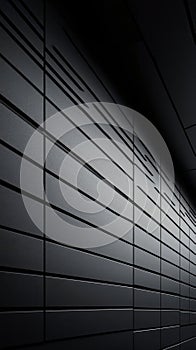 A long tunnel with a series of rectangular shadows and a light source at the far end