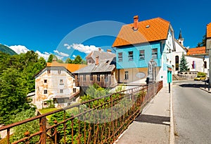 View of the Capuchin Bridge Kamniti most in the small Slovenian town of SÌŒkofja Loka, Slovenia