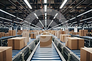 view Cardboard box packages moving along conveyor belt in fulfillment center